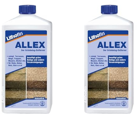 zbs24 Lithofin ALLEX Grünbelagentferner 2 Liter, Reinigungskonzentrat selbstwirkend gegen Algen und Moos, für Terrassen, Naturstein, Betonstein, Klinker, Putz und Holz