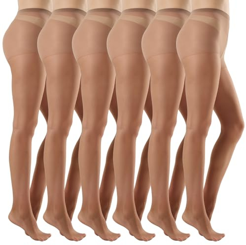MANZI 6 Pairs Women's 20D Sheer Silky Pantyhose Run Resistant Nylon Tights High Waist Stockings with Control Top(6 Brown,M