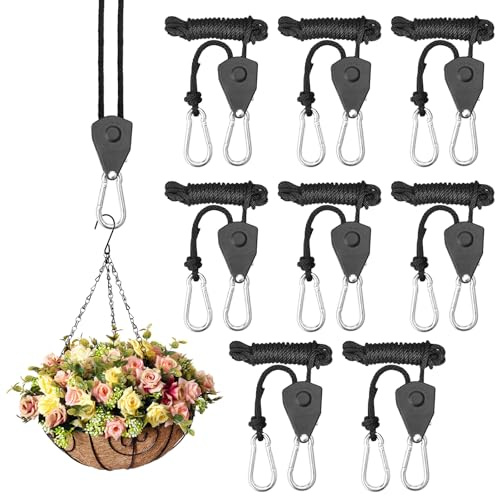 Lot de 8 Corde à Cliquet avec Crochets Cintres à Cliquet Réglables Poulie à Cliquet 2m,1/8,Tendeur de Corde a Cliquet Corde de Crochet Réglable pour Tente,Lampe Plante,Ventilateur, éclairage
