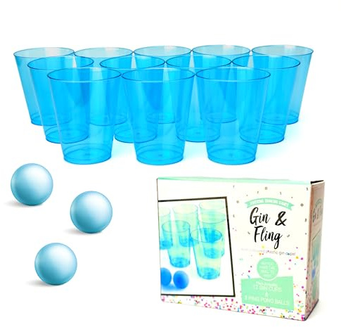 Lizzy 15pc Gin Party Pong Drinking Game 12pc Gin Cups & 3 Ping Pong Blue Balls | Novelty Drinking Beer Pong Skilful Game Joke Funny Novelty Summer Hen & Stag Parties, BBQ & Office Game (Pack of One)