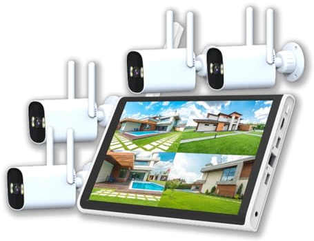 XNASU 4CH 3MP Kit di telecamere di sicurezza domestica con audio bidirezionale, WiFi senza fili Sistema di telecamere con schermo del monitor, visione notturna a colori, rilevamento del movimento