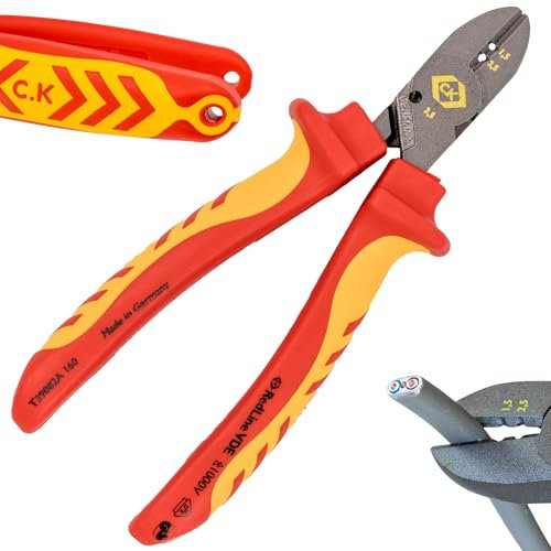 C.K Redline 2025 Edition VDE CombiCutter 2, 160 mm German Electrical Wire Cable Side Cutter, Stripper, Screw Shear, Lanyard Heavy Duty Electrician Croppers, Electricians Snips, CK Tools T39082A 160