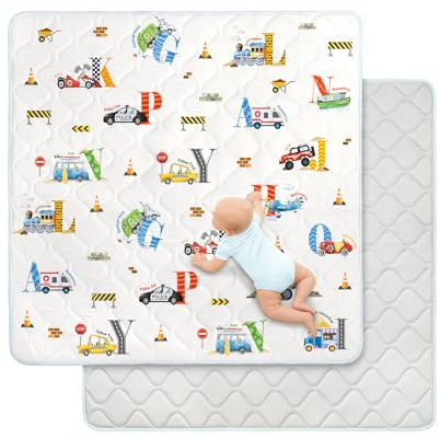 decalsweet Spielmatte Baby 127×127cm mit Rutschfest, Extra Dicke 2cm Weiche Krabbelmatte Baby, Faltbar Krabbeldecke für Baby Krabbelteppich für Kinderzimmer Indoor Outoor Zaun (Alphabet Verkehr)