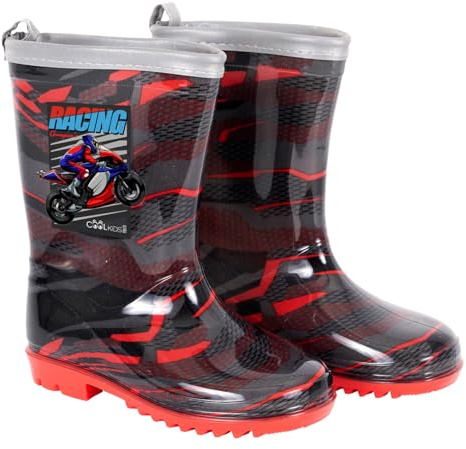 PERLETTI Bottes Pluie Enfant avec Pompier Eteint Feu - Bottines Rouges Petit Garçon Matériau PVC Détails Réfléchissants - Galoches Imperméables Enfants Semelle Antidérapante