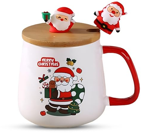 MathLab Santa Christmas Mug Gift Set – 400ml Ceramic Coffee & Hot Chocolate Cup with Wooden Lid & Spoon | Festive Santa Design in Luxury Gift Box | Eco-Friendly Handcrafted Ceramic, Hand Wash Only