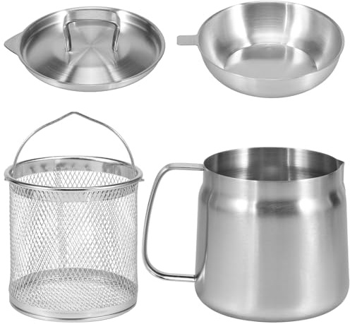 1.5L 304 Stainless Steel Oil Filter Pot with Filter Lid and Frying Basket, Deep Fat Fryer Strainer, Multi-function Frying Net Tank Grease Container for Cooking Stewing and Oil Storage