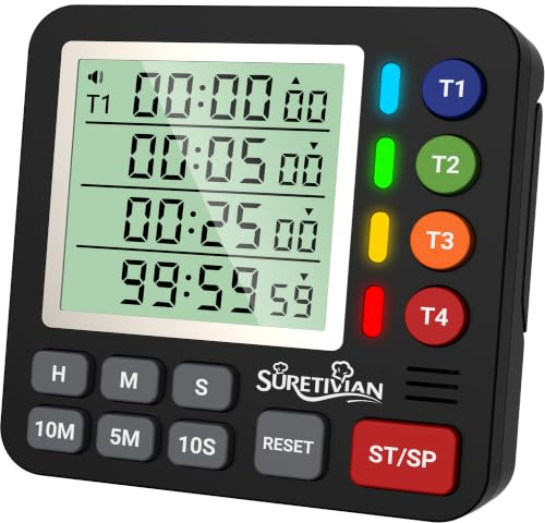 4-Kanal Küchentimer Digital mit Großer LCD-Anzeige Lautlos-Modus & Laut Ton | Digitaler Eieruhr Magnetische Küchenuhr Countdown Countup Timer für Kochen Sport Backen Lernen, inkl. Batterien