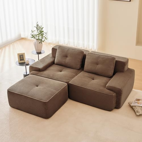 Dolamaní Boneless Modular 2-Sitzer-Sofa + 1 Hockern Cord, montagefrei, Tiefem Sitz, L-förmiges, modernes Ecksofa Eckcouch Couch für Wohnzimmer/Schlafzimmer/Büro/Wohnung (Braun)