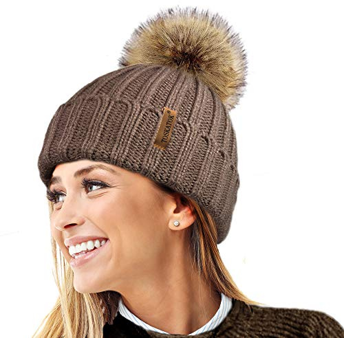 TOSKATOK®Womens Warm Winter Hat Woolly Knitted Beanie with Detachable Chunky Faux Fur Bobble Pom Pom-Mink