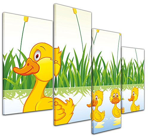 Bilderdepot24 Bild auf Leinwand | Kinderbild Entenfamilie in 120x80 cm 4 tlg. als Wandbild XXL | Wand-deko Dekoration Wohnung modern Bilder | 200381