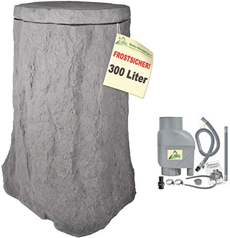 Regentonne, Regentonnen, Regenspeicher, Regenbehälter, Baum 300l grau mit Befüll- und Entnahme-Set grau FROSTSICHERES Regenfass Wassertonne mit Deckel und Wasserhahn DAS ORIGINAL!