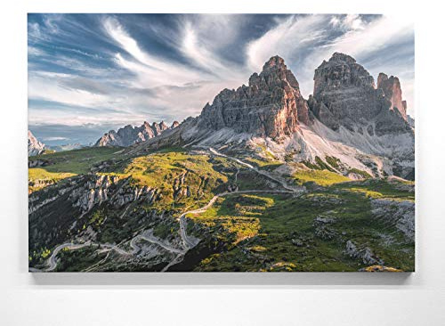 Atemberaubendes Berg Bild Dolomiten, 3 Zinnen Südtirol - als 90x60cm große XXL Leinwand. Wandbild als Hintergrund und Deko für Wohnzimmer & Schlafzimmer. Fertig aufgespannt auf 4cm Holz-Keilrahmen