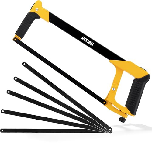 DOWELL Hand Saw 12-inch Hacksaw Frame Heavy Duty Adjustable 45/90 Angle Hacksaw with 5 Replaceable Saw Blades Inside the Frame for Steel Pipe Cutting PVC Carpentry Woodworking HY041101