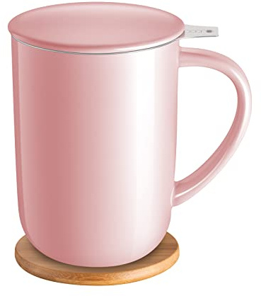 CEEFU Porzellan-Teetasse mit Teesieb und Deckel, Teegeschirr mit Filter und Untersetzer, lose Teetasse Steeper Maker, 473 ml für Tee/Kaffee/Milch/Frauen/Büro/Zuhause/Geschenk (Rosa)