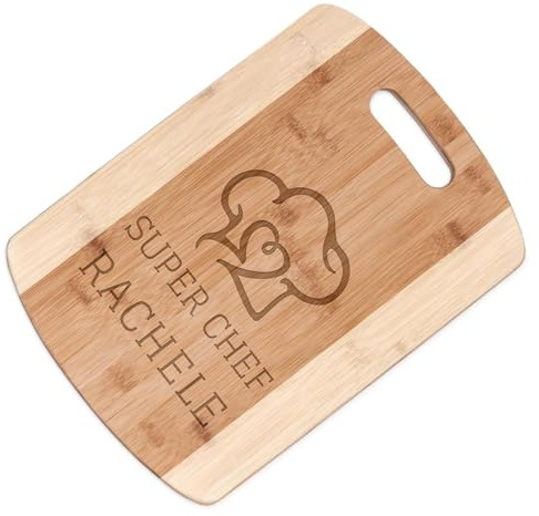 Maverton Tagliere in bambù, incisione personalizzata, eco-friendly | Battilardo rettangolare con il manico, dimensioni 35cm x 25cm, pensiero speciale per donna, super chef