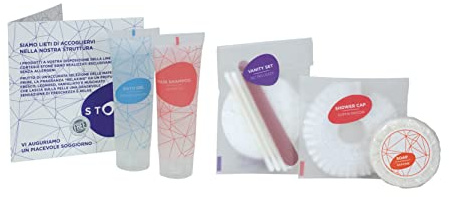 Present-More Amenities Kit Stone - Toilettenartikel 50 Gäste für Hotels und B&B | Allergenfreie Amenities Kit mit Duftnote Relaxing | Relaxing Duft – Shampoo, Duschgel, Seife, Kappe und Vanity – für Hotel und B & B