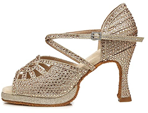 HRYOL Donna Raso Scarpe da Ballo Latino con Plateau Scarpe Ballo Strass Salsa da Sala L458 Champagne 8.5cm Tacco, EU37.5