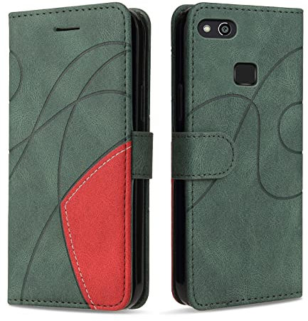 KKEIKO Hülle für Huawei P10 Lite/Nova Lite, PU Leder Handyhülle mit kartenfach, Magnetisch Klappbar Brieftasche Schutzhülle für Huawei P10 Lite/Nova Lite, Grün