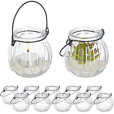 Relaxdays Windlicht Glas, 12er Set, Teelichthalter mit Henkel, H x D: 7,5 x 8 cm, rundes Kerzenglas, transparent