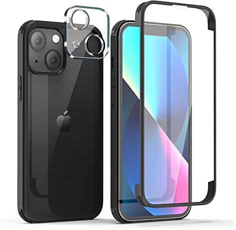 Leedia 360 Grad Handyhülle Kompatibel mit iPhone 13 mini Hülle + 2 Kameraschutz Ganzkörper Eingebauter Glas Displayschutzfolie Schutzhülle Transparent Clear Case für iPhone 13 mini 5.4 Schwarz