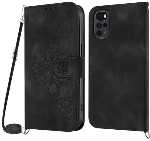 Netany Funda para Motorola Moto G22 4G con Cuerda, Flip Billetera Funda Tapa Libro PU Cuero con Ajustable Cordón,【2 Ranuras】【Magnética】,Funda Piel Carcasa Case para Motorola Moto G22 4G Cuerda (Negro)