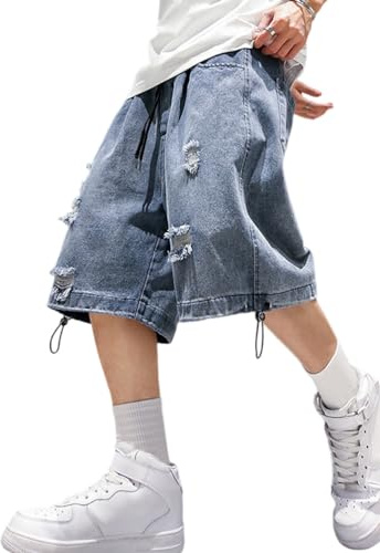 shownicer Jeans Pantaloni Corti Uomo Blu Denim Shorts Bermuda Estivi Baggy retrò Pantaloncini Hip Hop Skateboard Pantaloni con Tasche A Bleu 3XL