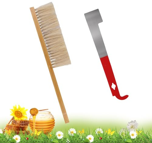 PEUTIER 2pcs Bee Hive Brush and Bee Hive Scraper Set, Metal J Hook Bee Hive Tool Hive Frame Lifter Gripper Bee Brush with Wooden Handle Beekeeping Supplies Equipment for Bee Keepers