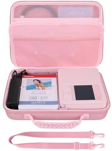 BOVKE Voyage Étui pour Canon SELPHY CP1500 Imprimante Photo Portable, Portable Bluetooth Impression Instantanée Étui, Sac en Filet pour Canon Selphy CP1500/1300/1200 Papier Photo et Cartouche, Rose