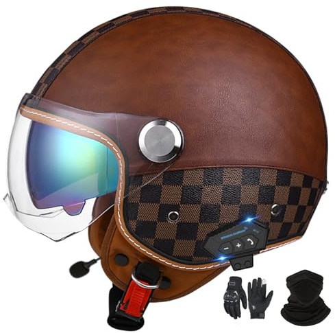 Casco Jet Bluetooth Casco Moto Certificazione Applicabile a ECE Casco Pelle Casco Scooter Casco Jet per Adulti Uomo Donna con Doppia Visiera Parasole