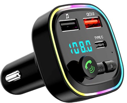 Transmetteur FM Bluetooth, Transmetteur Adaptateur Bluetooth pour Voiture, Kit MP3 sans Fil à Charge Rapide QC3.0, 2 Ports USB et 1 Port Type-C, Appel Mains Libres, Support USB/Carte TF