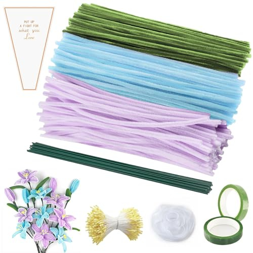 320 Stück Pfeifenputzer zum Basteln, Pfeifenreiniger blumen set, Verdickt Chenilledraht, 30cm Lang Pfeifenreiniger Grün Rosa mit Blumendraht, Pipe Cleaner Bastelset für DIY Dekorieren. (Lila Serie)