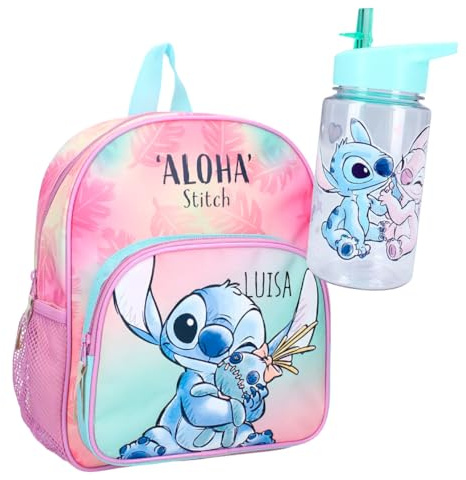 Sac à dos de maternelle Disney Stitch - Avec gourde - Personnalisé avec nom - Sac à dos pour enfant avec poche avant - 2 compartiments - 29 x 23 x 8 cm - Bouteille de 450 ml, Set 1 Stitch arc-en-ciel