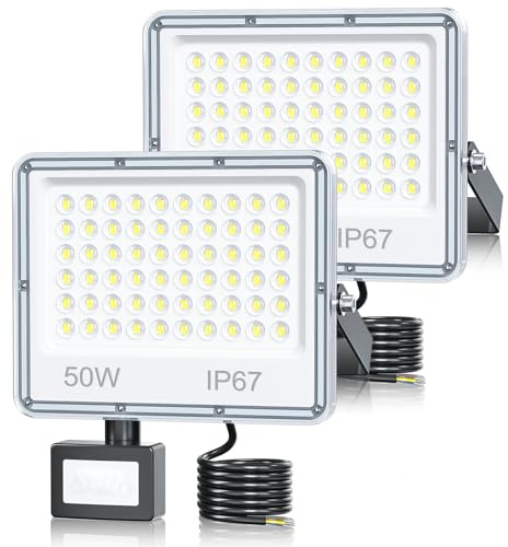 TOPAUBUB LED Strahler mit Bewegungsmelder Außen 50W, LED Fluter Scheinwerfer mit Bewegungsmelder Außen 5000LM 6500K Kaltweiß IP67 Wasserdicht für Garten/Hofbeleuchtung(2 Stücke)