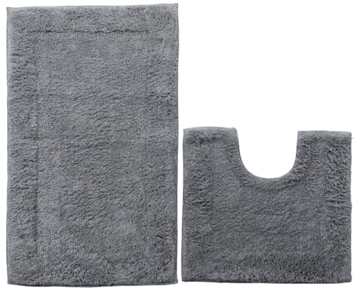 Adore Home 2 Piece Bath Mat & Pedestal Set with Coated Backing, 100% Cotton, Grey
