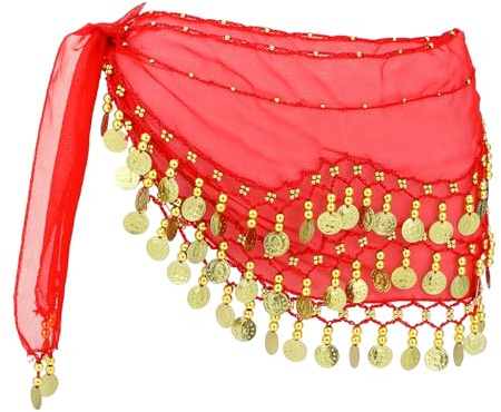 Grevosea Belly Dance Skirt, Coin Belt Hip Scarf with Sequins and Coins, Performance Belly Dancer Costume for Women 128 Coins(Red)