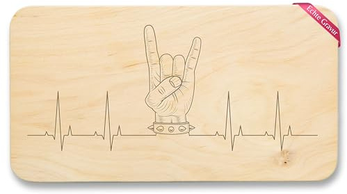 Frühstücksbrettchen Holz - & - Frühstücksbrett - Herzschlag Heavy Metal Handzeichen Pommesgabel I Metalhead Geschenk Metal Fan I Rockiges Geschenk Rock Fan I Rocker - 22x12 - Holz
