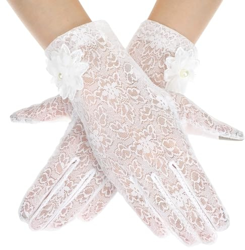 Sorcristy Guantes de encaje de flores guantes de encaje blancos guantes de boda de encaje para mujer, guantes de novia elegantes y cortos para Halloween, bodas, fiestas de ópera, protección solar UV