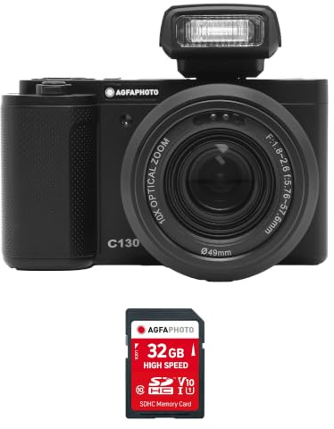 AgfaPhoto Realishot C130 - Fotocamera digitale compatta con scheda SD da 32 GB, sensore CMOS da 16 MP, zoom, stabilizzazione, autofocus, display LCD da 2,8, batteria ricaricabile, colore: nero