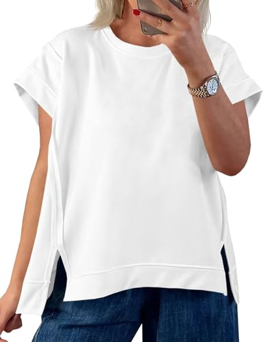 Tankaneo Womens Oversized Short Cap Sleeve T-Shirts Tops Summer Loose Tee | Side Slit,Crew Neck,Casual Loose Fit, Tunic Shirts,