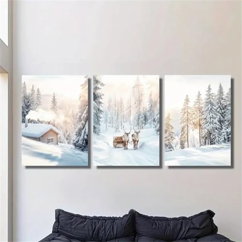 Ueiwffzo Winter Wandbilder, 3er Poster Set Winter Weiße Schnee Holzhaus Wandkunst Bilder Wohnzimmer, Moderne Leinwandbilder Wandposter, Ohne Rahmen (40x50cm)