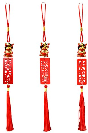 3Pcs Chinese New Year Decorations 2026 - Year of the Horse Gold Feng Shui Hanging Pendants, Lunar New Year Spring Festival Tassel Charms for Home, Car, Office Decor