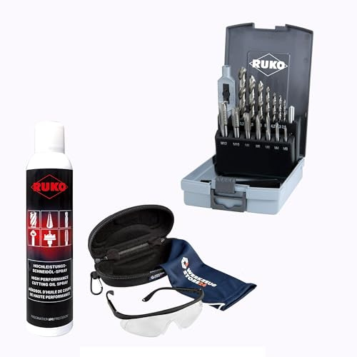 RUKO Einschnittgewindebohrer-Satz HSS, 6-teilig, M3–M10, Maschinengewindebohrer für präzise Gewinde in Stahl, Aluminium & NE-Metallen, inkl. Spray & Schutzbrille