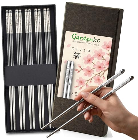 Gardenko Set di bacchette riutilizzabili per sushi – 5 paia in acciaio inox 316L, 24 cm, lavabili in lavastoviglie, in metallo giapponese, set regalo