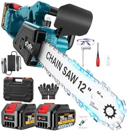Umbryxion 12-Inch Brushless Cordless Chainsaw with 2x4.0Ah Batteries – Lightweight Handheld Electric Chain Saw for Tree Trimming, Wood Cutting & Pruning
