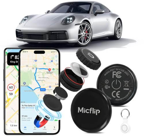 PWOMDJ Tracker GPS sans Abonnement pour Voiture | Tracker Bluetooth sans abonnement pour iOS et Android. IP68, aimant N52 ultra-puissant, pile remplaçable, étui inclus.