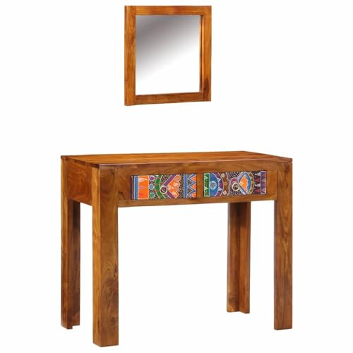 Dressing Table Brown Solid Acacia Wood 90 x 45 x 75 cm with Wing Mirror and Drawers, Cosmetic Table with Storage Space for Bedroom and Beauty Routine