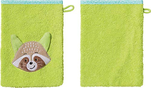 Erwin Müller Kinder-Waschhandschuh, Waschlappen 2er- Pack Waschbär Walk-Frottier grün Größe 15x21 cm - weich, saugstark, strapazierfähig, mit Aufhängeschlaufe
