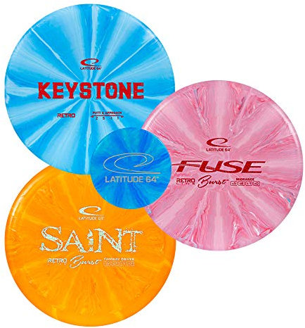 Latitude 64 Retro Burst Discgolf-Set für Anfänger, perfektes Frisbee-Golfscheiben-Starter-Set für neue Spieler, inklusive Keystone, Sicherung, Saint + Mini, griffige Basis aus Kunststoff, Farben