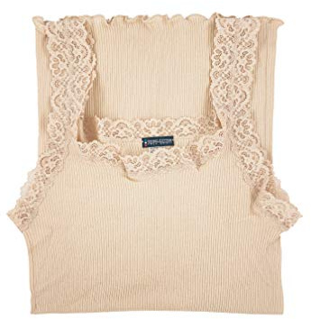 Basic Cotton Débardeur femme épaule en pur coton côtelé avec dentelle sur l'encolure et le tour des manches, bord plissé à la taille, Corde, S-M