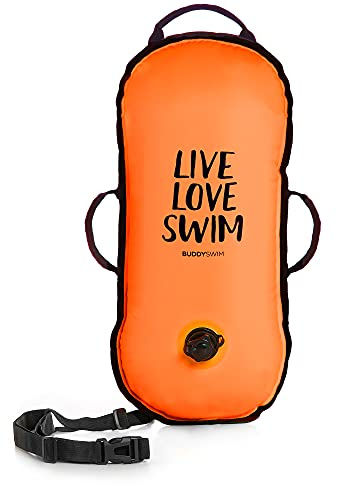 BUDDYSWIM Freiwasser Schwimmboje 10 L für Überquerungen und Wettkämpfe. Nylon-Oberfläche, Ultraleicht und widerstandsfähig, mit Griffen und verstellbarem Gürtel. Schwimmring Erwachsene. Orange